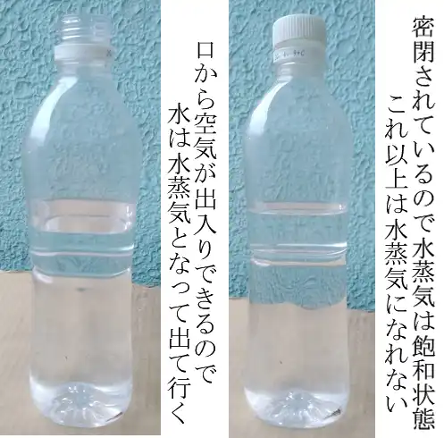水を半分ほど入れた栓をしてないペットボトルと栓をしたペットボトルの写真