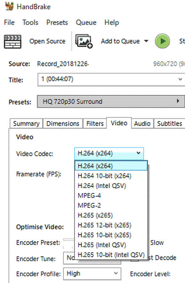 HandBrakeでHevc(h265)変換